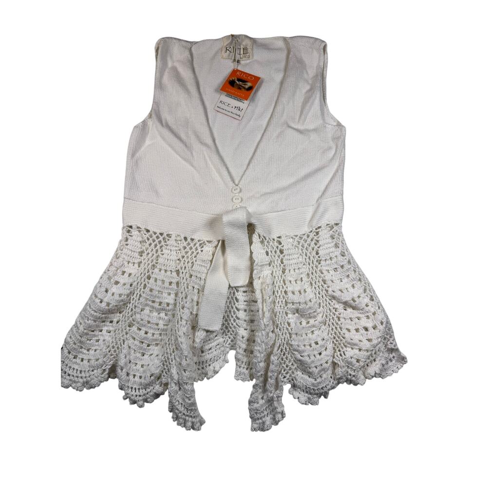 RICO Rice by Rico Women’s M White Hand Knit Crochet Tie Front Boho Vest Top